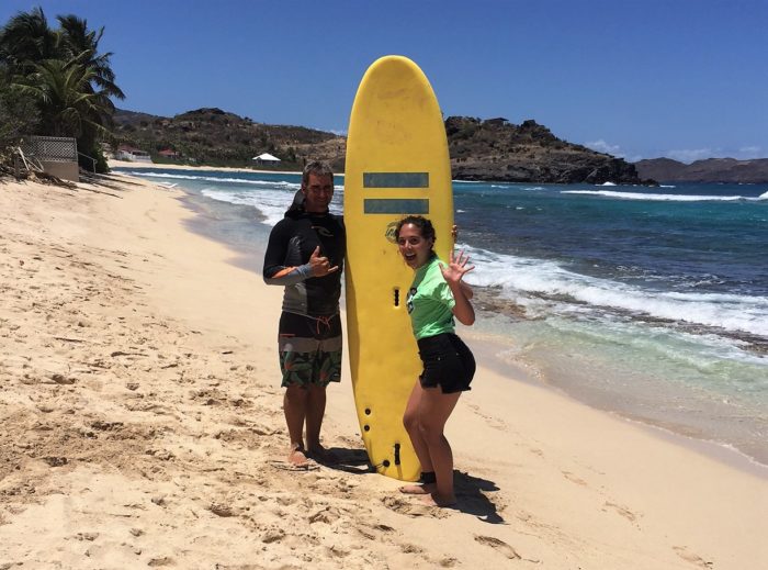 Lexy getting a surfing lesson in St Barts
