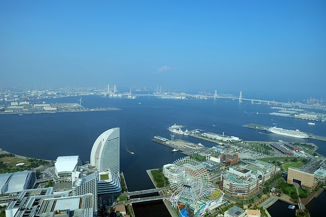 Gorgeous aerial view of Yokohama with the Cosmo Clock 21 in the foreground.