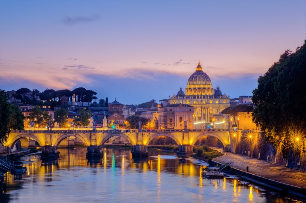 Famous citiscape view of St Peters basilica in Rome at sunset