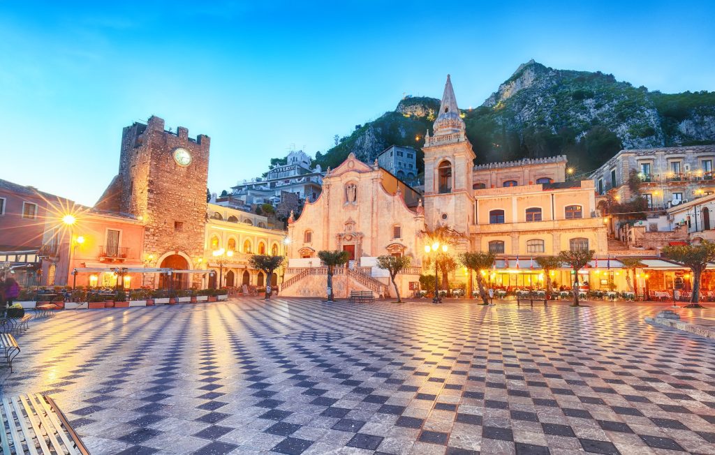 Belvedere of Taormina and San Giuseppe church on the square Piazza IX Aprile in Taormina